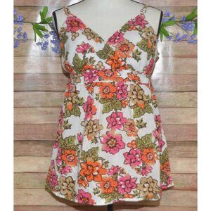 Cato Ladies XL Y2K Style Babydoll Tank Top Sleeveless Smocked Back Funky Floral
